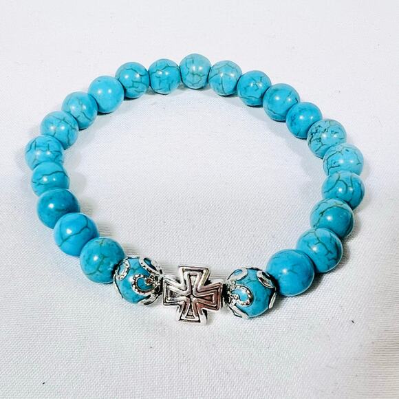Turquoise Evil Eye Triple Bracelet Charms Elephant Cross Silver Tone Jewelry New - Picture 4 of 5